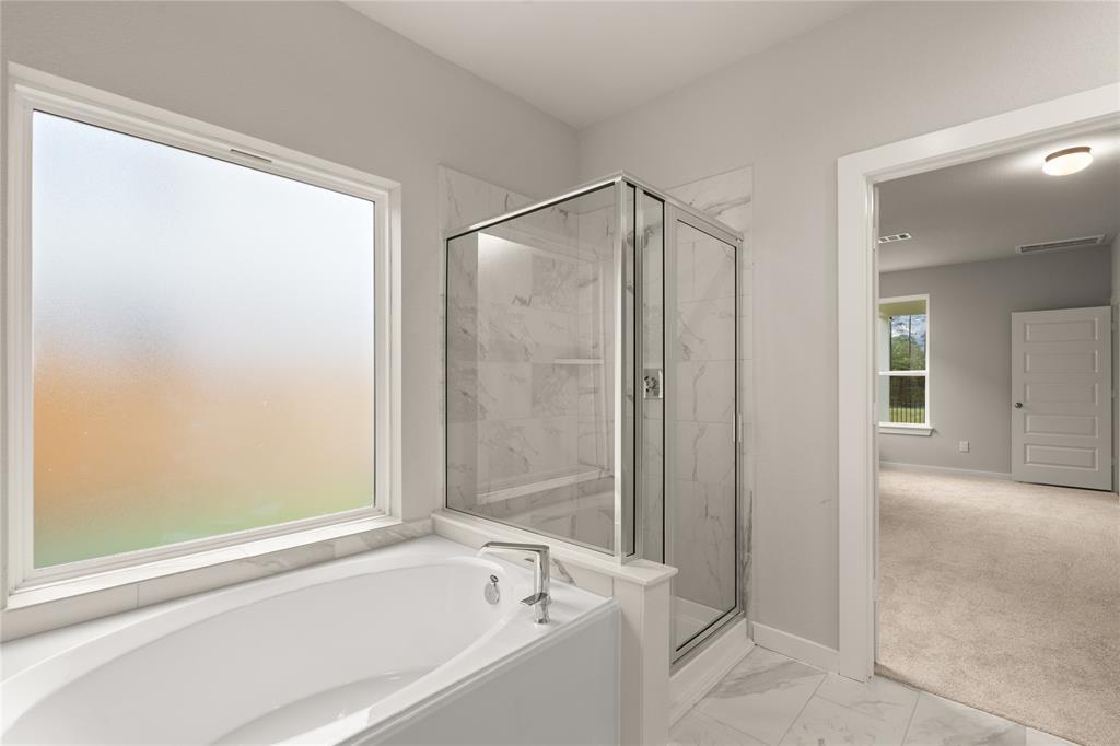 This additional view of the primary bath features a walk-in shower with tile surround and a separate garden tub perfect for soaking after a long day.