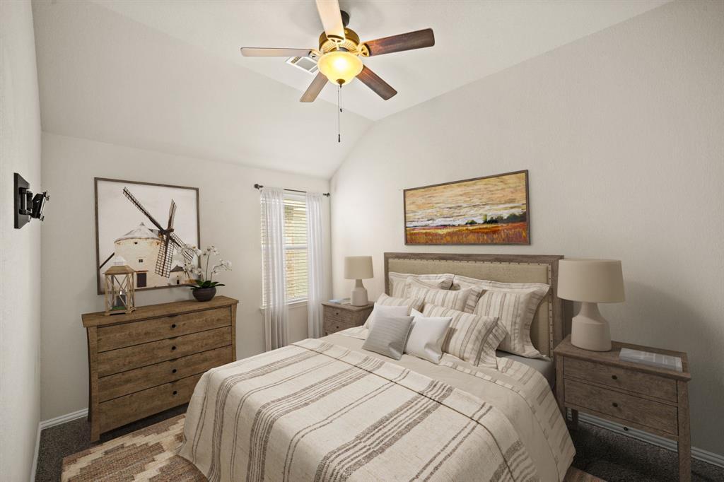 The fourth bedroom features a high ceiling with ceiling fan & light fixture, window with blinds and drapes & carpet. This photo has been virtually staged.