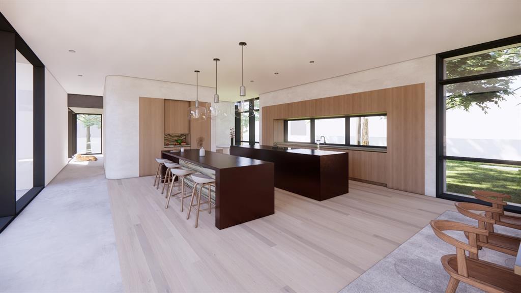 A spacious, modern kitchen with an open-plan design, integrating warm wooden floors and rich wood-grain cabinetry. A sleek, central island with a marble countertop and breakfast bar.
