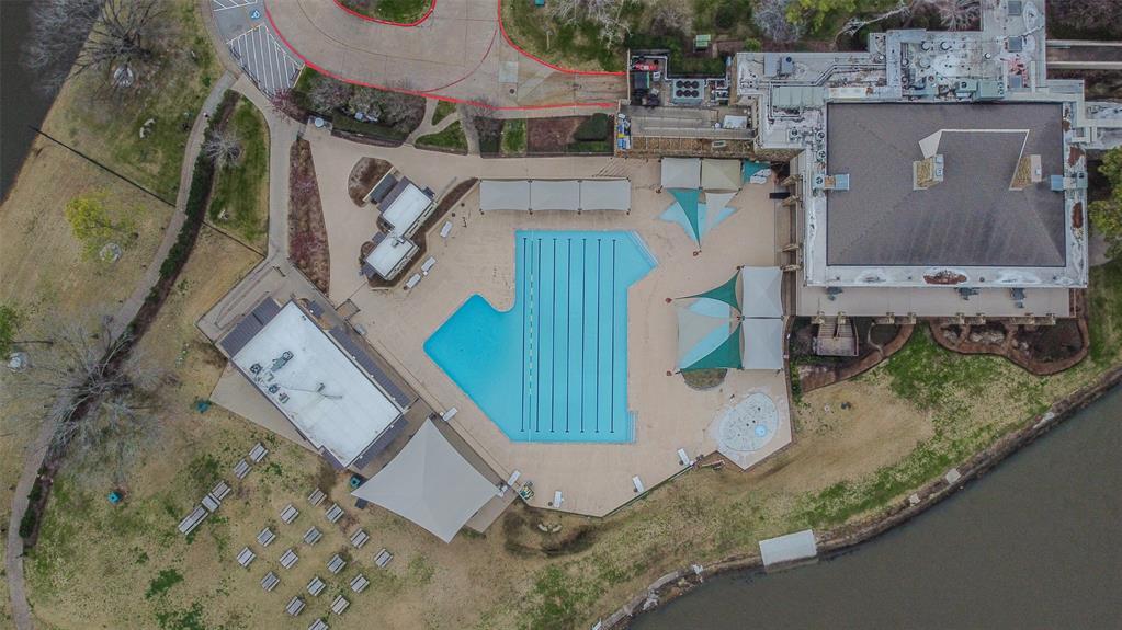 A birds eye view of the club house and pool.